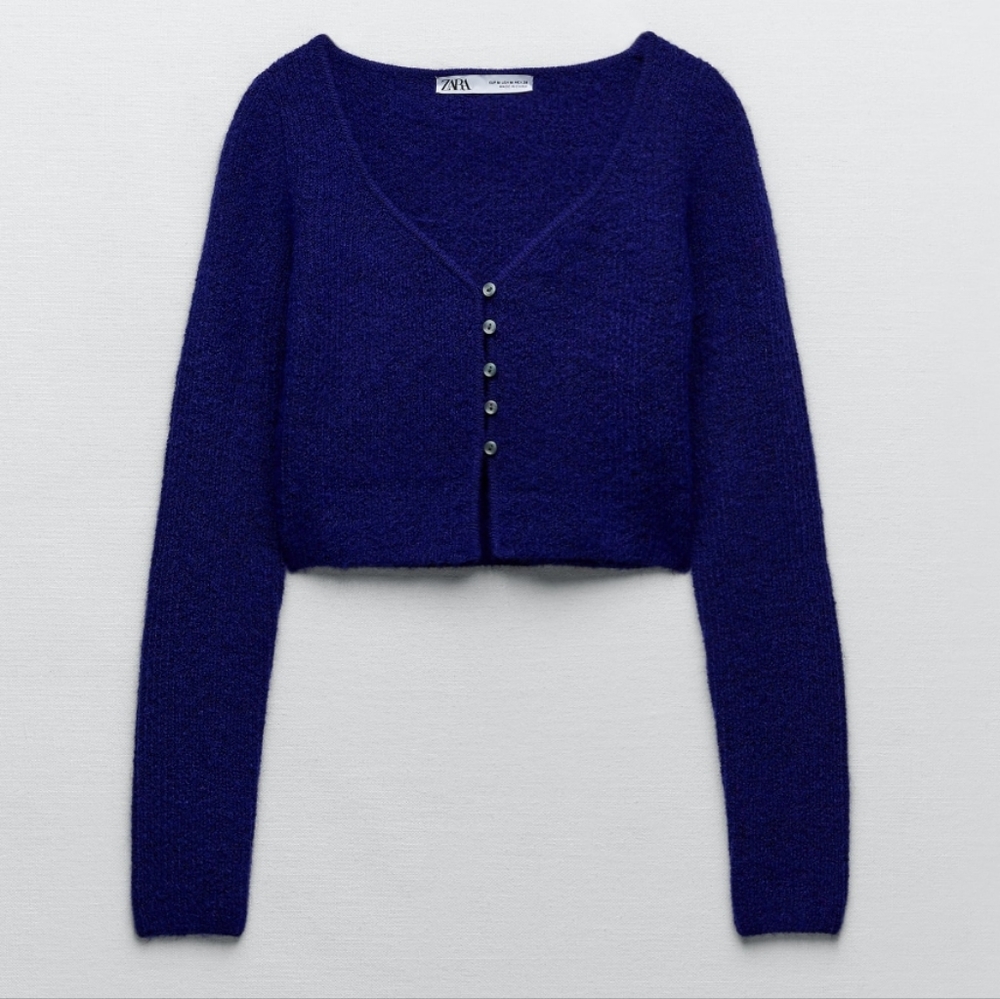 ZARA KNIT CROPPED JACKET BLUE
